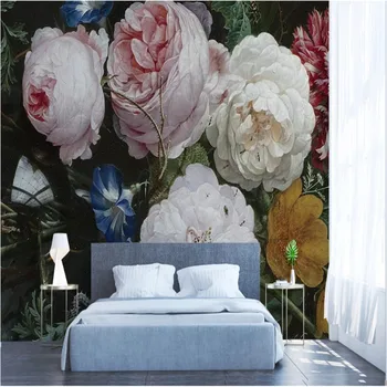 Европейские ретро ностальгические розы Черный фон Цветочные фрески Обои для стен гостиной 3D обои Домашний декор