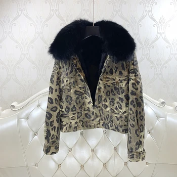 Леопардовый принт, съемный воротник из лисьего меха, джинсовая куртка, женская осенне-зимняя свободная подкладка из кроличьего меха, парки, пальто из натурального меха Y3149