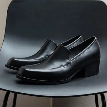 Мужская обувь без шнуровки с квадратным носком, Увеличивающая рост, Деловые Рабочие Модельные туфли из натуральной кожи, Мужские свадебные туфли на каблуке, Черный, Коричневый 2023