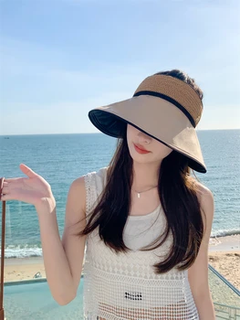 Новые летние Соломенные шляпы для женщин, Пляжная шляпа с пустым верхом, Женская шляпа с защитой от Солнца и ультрафиолета, Складная шапочка с бантом для девочек