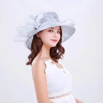 Свадебные шляпы для женщин элегантный цветок сетка УФ защита от солнца Кентукки Дерби, головные уборы мода органзы с широкими полями, солнцезащитная кепка
