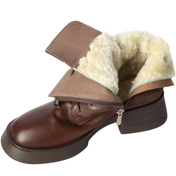 Теплые Ботильоны на шерстяном меху с внутренней стороны, Женская замшевая обувь с боковой молнией, Зимние ботинки с круглым носком, Сохраняющие тепло, -30 ℃, женская зимняя обувь из воловьей кожи