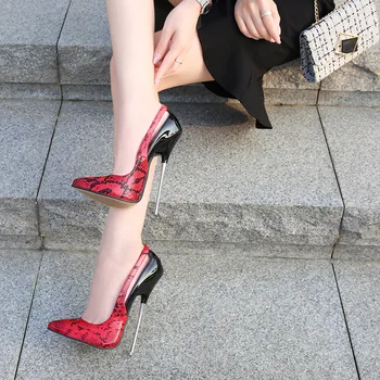 Хит продаж! Женская обувь со змеиным узором, каблуки 16 см, 2023, металлические шпильки, пикантные женские туфли со змеиным принтом, 46