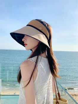 Новые летние Соломенные шляпы для женщин, Пляжная шляпа с пустым верхом, Женская шляпа с защитой от Солнца и ультрафиолета, Складная шапочка с бантом для девочек