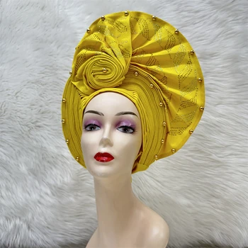 Новый золотой африканский головной убор Auto Gele высокого качества с камнями для женщин, головной убор для свадебной вечеринки с красивыми золотыми бусинами
