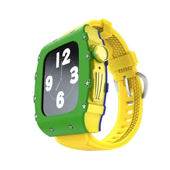 Роскошный Комплект Модификации корпуса Футбольного Цвета для Apple Watch Band 8 7 45 мм Браслет iWatch Series 7 6 5 4 SE 44 мм Резиновый ремешок