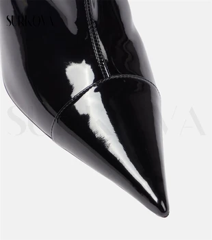 Черные Рыцарские сапоги из лакированной кожи, Женские ботинки на тонком каблуке с острым носком, Ботильоны до середины икры, Женская повседневная обувь, Новинка 2023 года